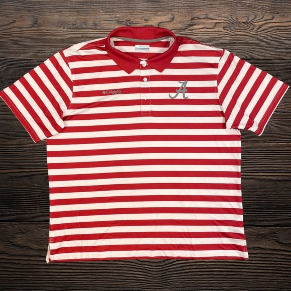 Columbia PFG Mens XL Alabama Crimson Tide Golf Polo Red White Striped Omni-Shade